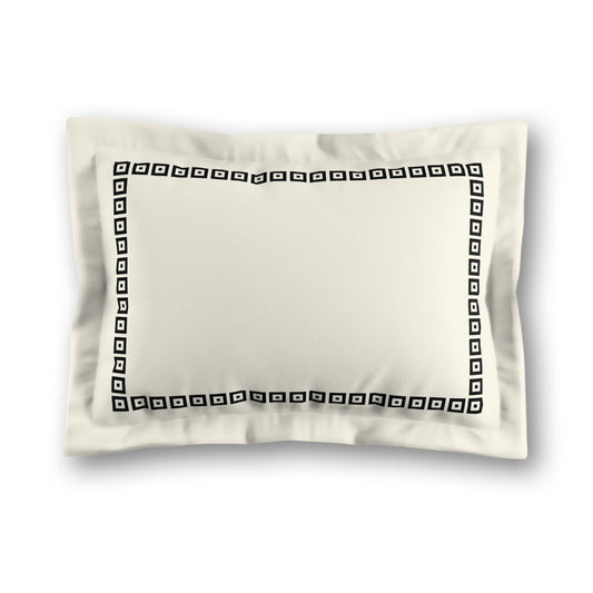 Pale Cream Microfiber Pillow Sham with Flange, Black Repeating Square Motif Print, Classic Border, White Reverse Side, King (width x length) 22 x 38 inches / 56 x 97 cm