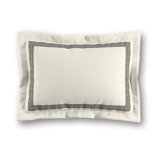 Pale Cream Microfiber Pillow Sham with Flange, Black Double Weave Motif Print, Classic Border, White Reverse Side, King (width x length) 22 x 38 inches / 56 x 97 cm