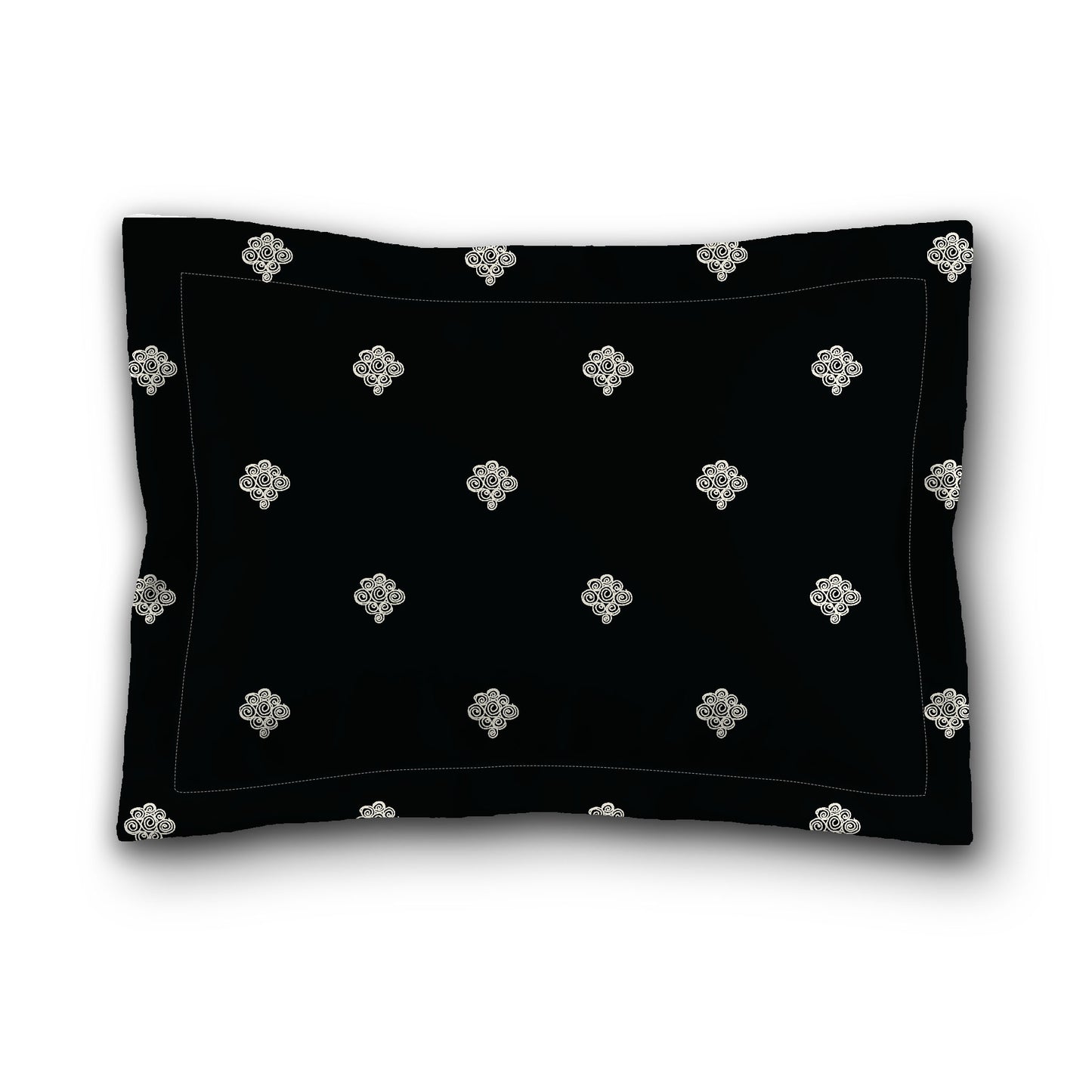 Black Microfiber Pillow Sham with Flange, Pale Cream Hand-painted Swizzle Motif Print, White Reverse Side, King (width x length) 22 x 38 inches / 56 x 97 cm