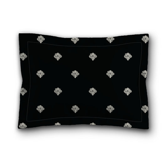 Black Microfiber Pillow Sham with Flange, Pale Cream Hand-painted Swizzle Motif Print, White Reverse Side, King (width x length) 22 x 38 inches / 56 x 97 cm