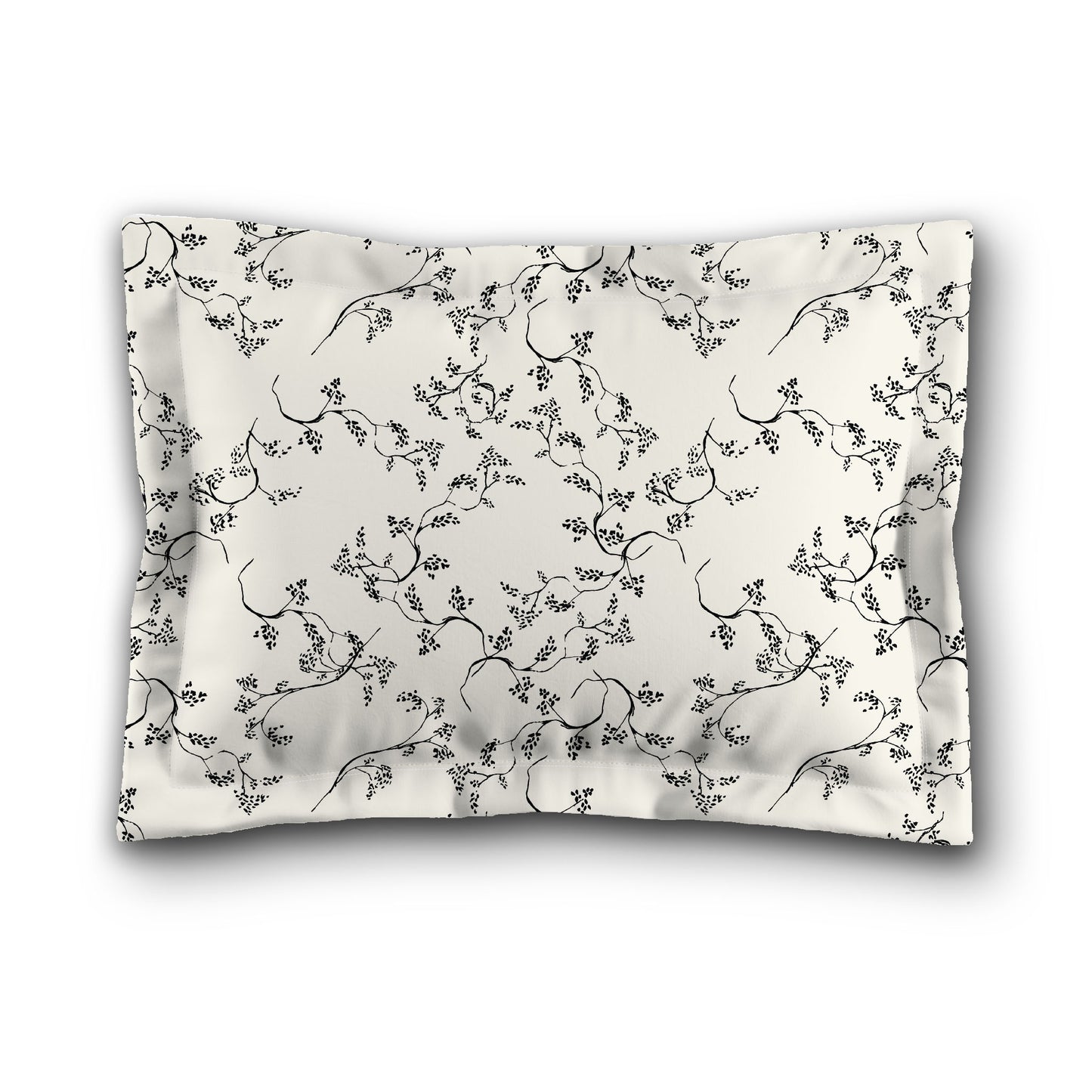 Pale Cream Microfiber Pillow Sham with Flange, Black Hand-painted Vine Print, White Reverse Side, King (width x length) 22 x 38 inches / 56 x 97 cm