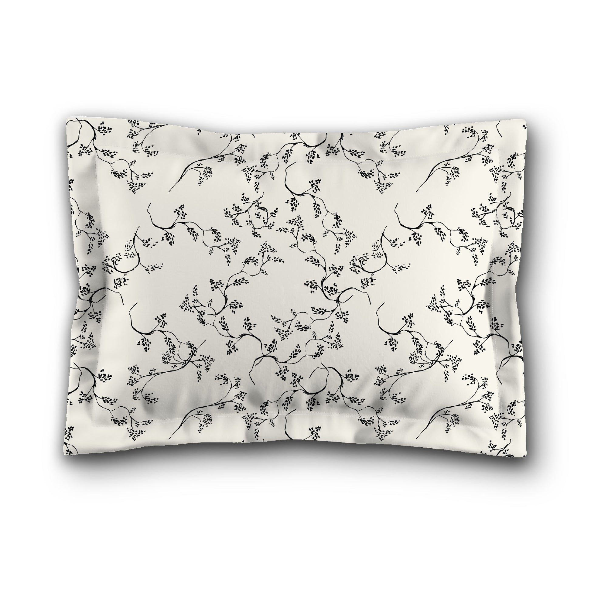 Pale Cream Microfiber Pillow Sham with Flange, Black Hand-painted Vine Print, White Reverse Side, King (width x length) 22 x 38 inches / 56 x 97 cm