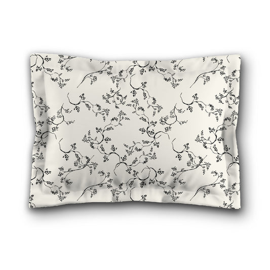 Pale Cream Microfiber Pillow Sham with Flange, Black Hand-painted Vine Print, White Reverse Side, King (width x length) 22 x 38 inches / 56 x 97 cm