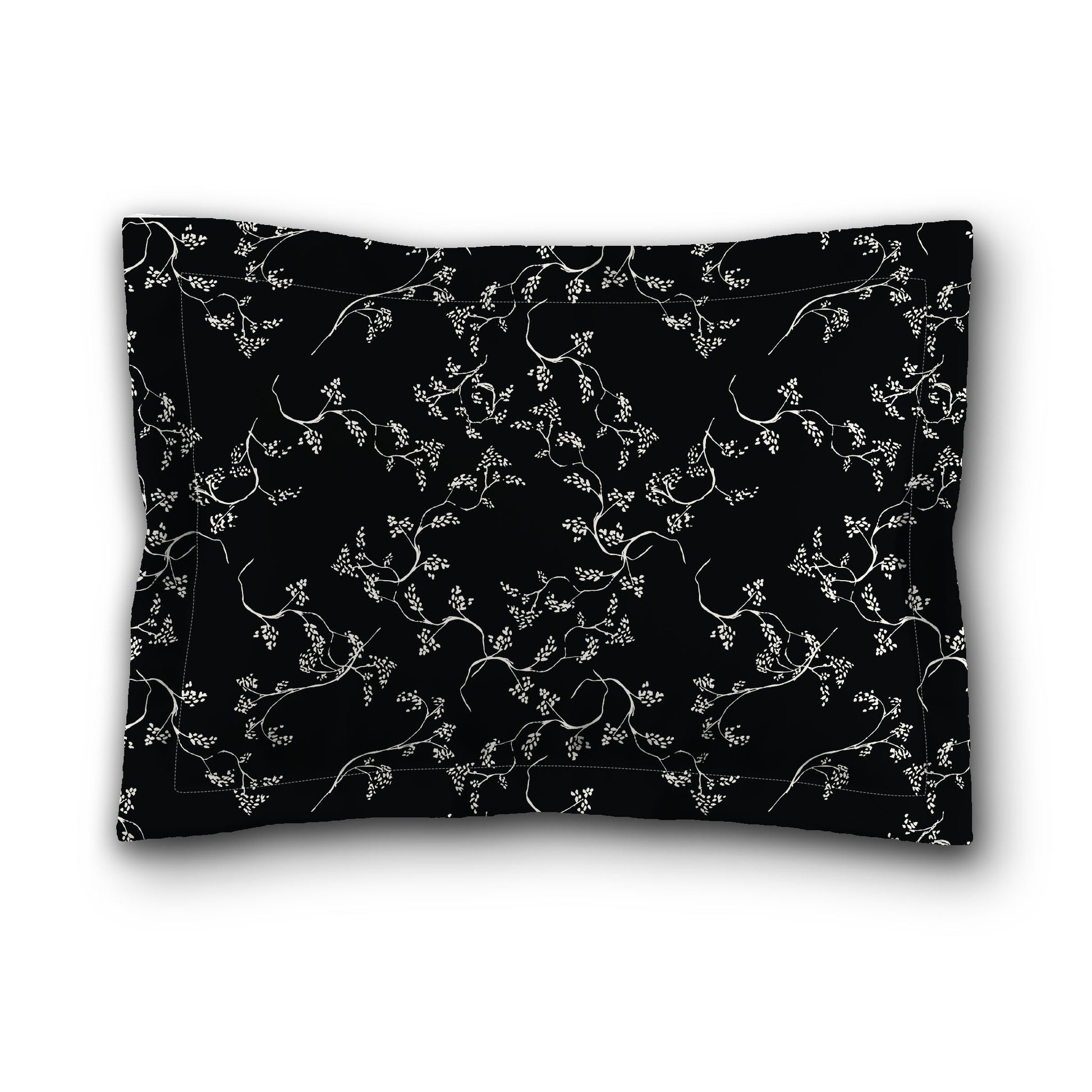 Black Microfiber Pillow Sham with Flange, Pale Cream Hand-painted Vine Print, White Reverse Side, King (width x length) 22 x 38 inches / 56 x 97 cm