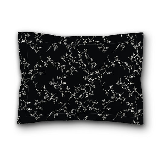 Black Microfiber Pillow Sham with Flange, Pale Cream Hand-painted Vine Print, White Reverse Side, King (width x length) 22 x 38 inches / 56 x 97 cm