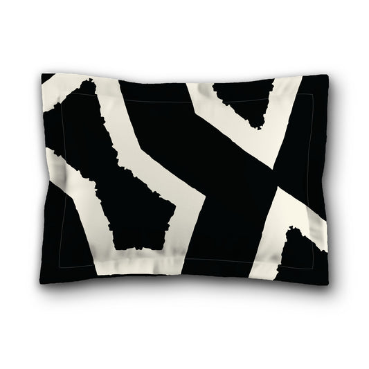 Black Microfiber Pillow Sham with Flange, Bold Pale Cream Graphic on Front, White Reverse Side, King (width x length) 22 x 38 inches / 56 x 97 cm