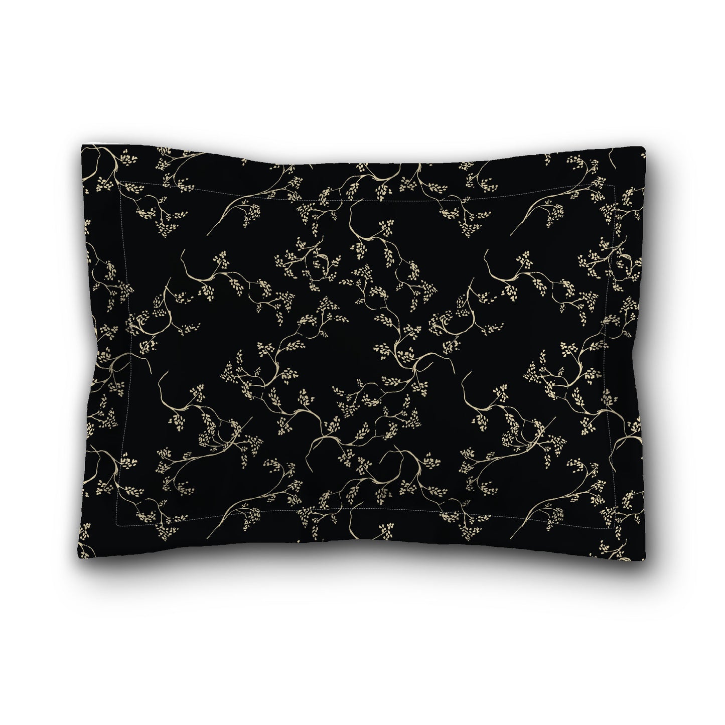 Black Microfiber Pillow Sham with Flange, Desert Sand Hand-painted Vine Print, Desert Sand Reverse Side, King (width x length) 22 x 38 inches / 56 x 97 cm