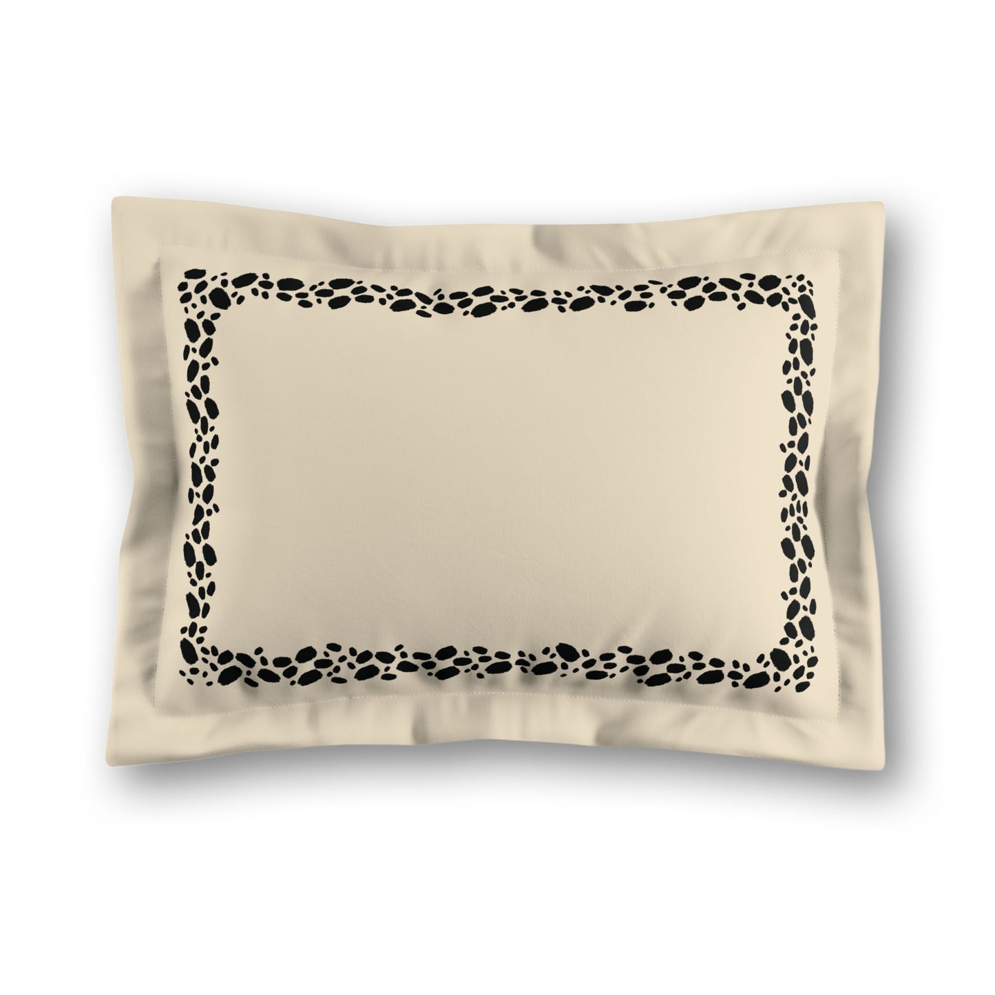 Beige Microfiber Pillow Sham with Flange, Black Hand-painted Dab Motif Print, Classic Border, White Reverse Side, King (width x length) 22 x 38 inches / 56 x 97 cm
