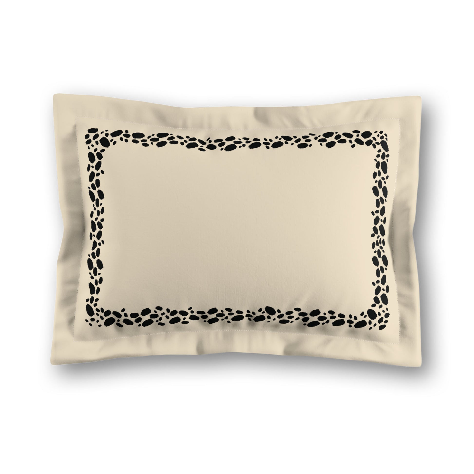 Beige Microfiber Pillow Sham with Flange, Black Hand-painted Dab Motif Print, Classic Border, White Reverse Side, King (width x length) 22 x 38 inches / 56 x 97 cm