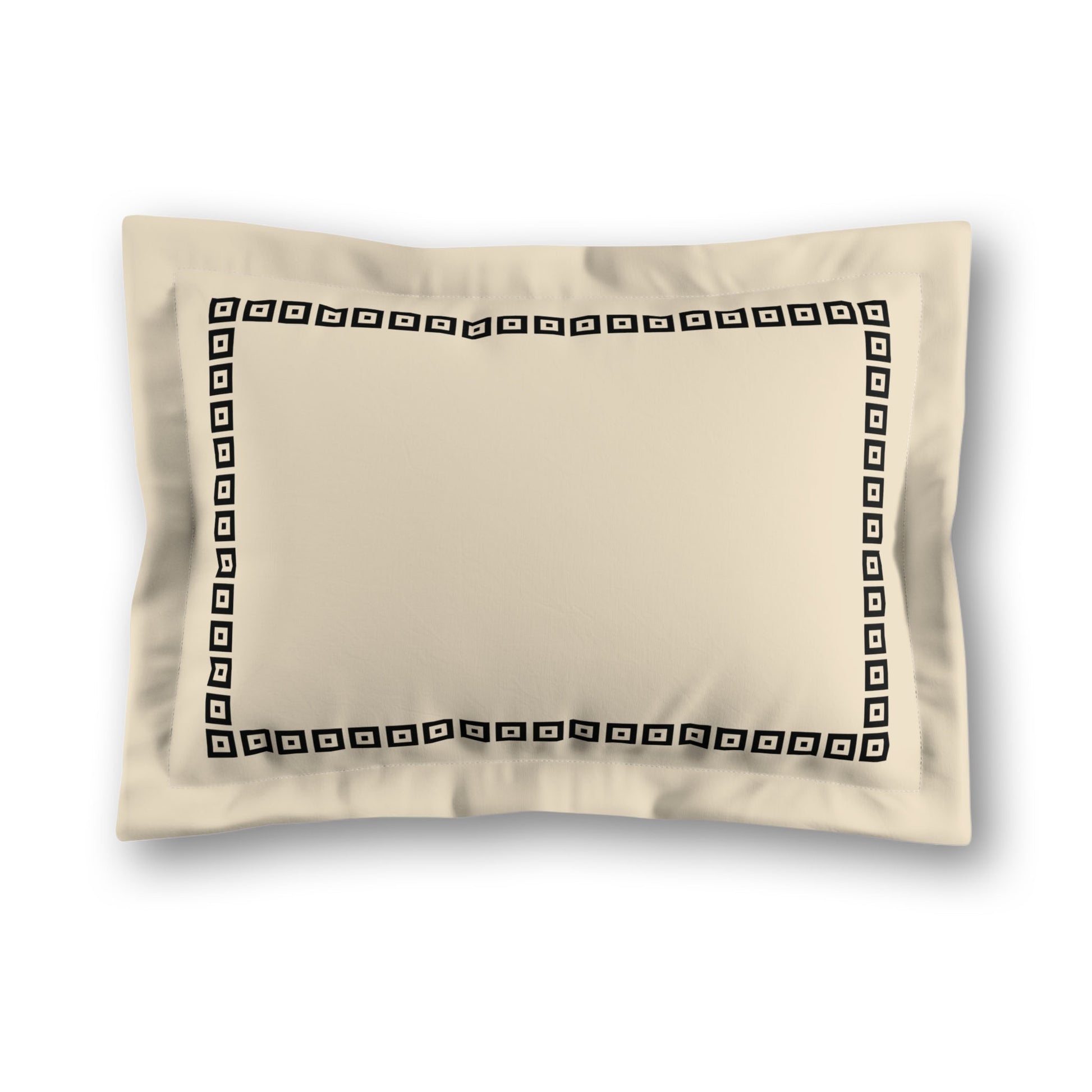 Beige Microfiber Pillow Sham with Flange, Black Repeating Square Motif Print, Classic Border, White Reverse Side, King (width x length) 22 x 38 inches / 56 x 97 cm