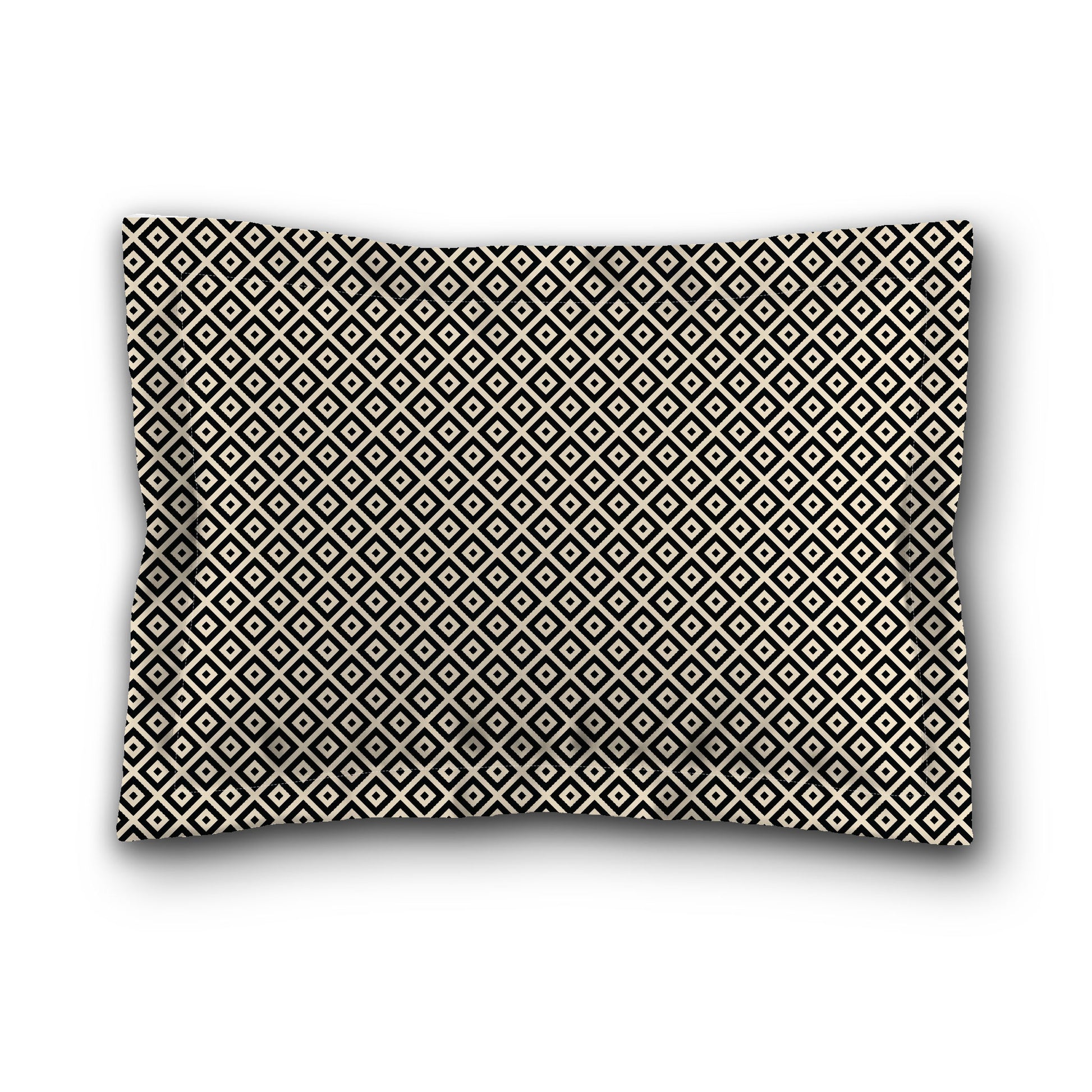 Beige Microfiber Pillow Sham with Flange, Black Repeating Square Motif Print, White Reverse Side, King (width x length) 22 x 38 inches / 56 x 97 cm
