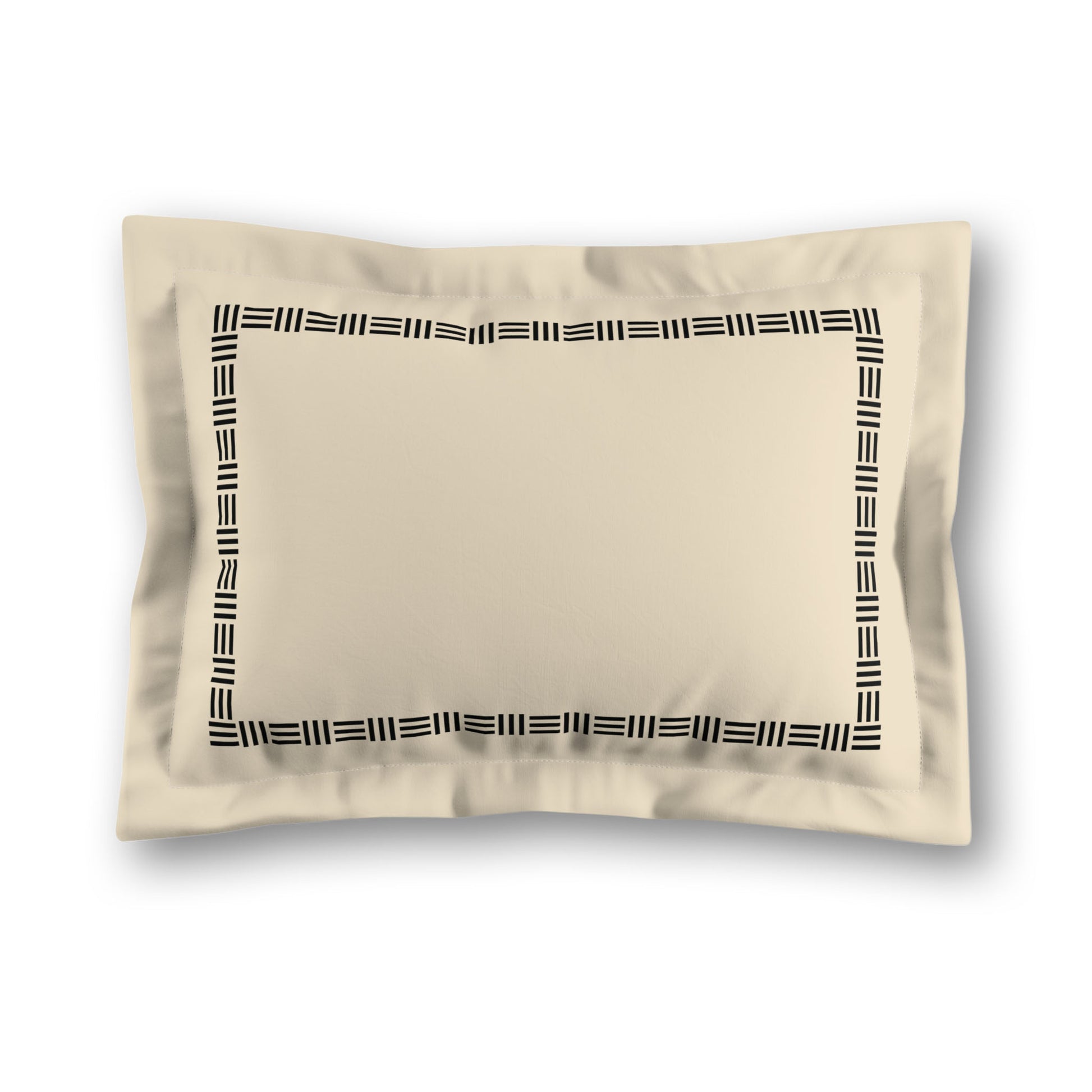Beige Microfiber Pillow Sham with Flange, Black Single Weave Motif Print, Classic Border, White Reverse Side, King (width x length) 22 x 38 inches / 56 x 97 cm