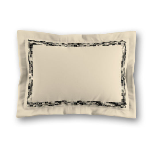 Beige Microfiber Pillow Sham with Flange, Black Double Weave Motif Print, Classic Border, White Reverse Side, King (width x length) 22 x 38 inches / 56 x 97 cm