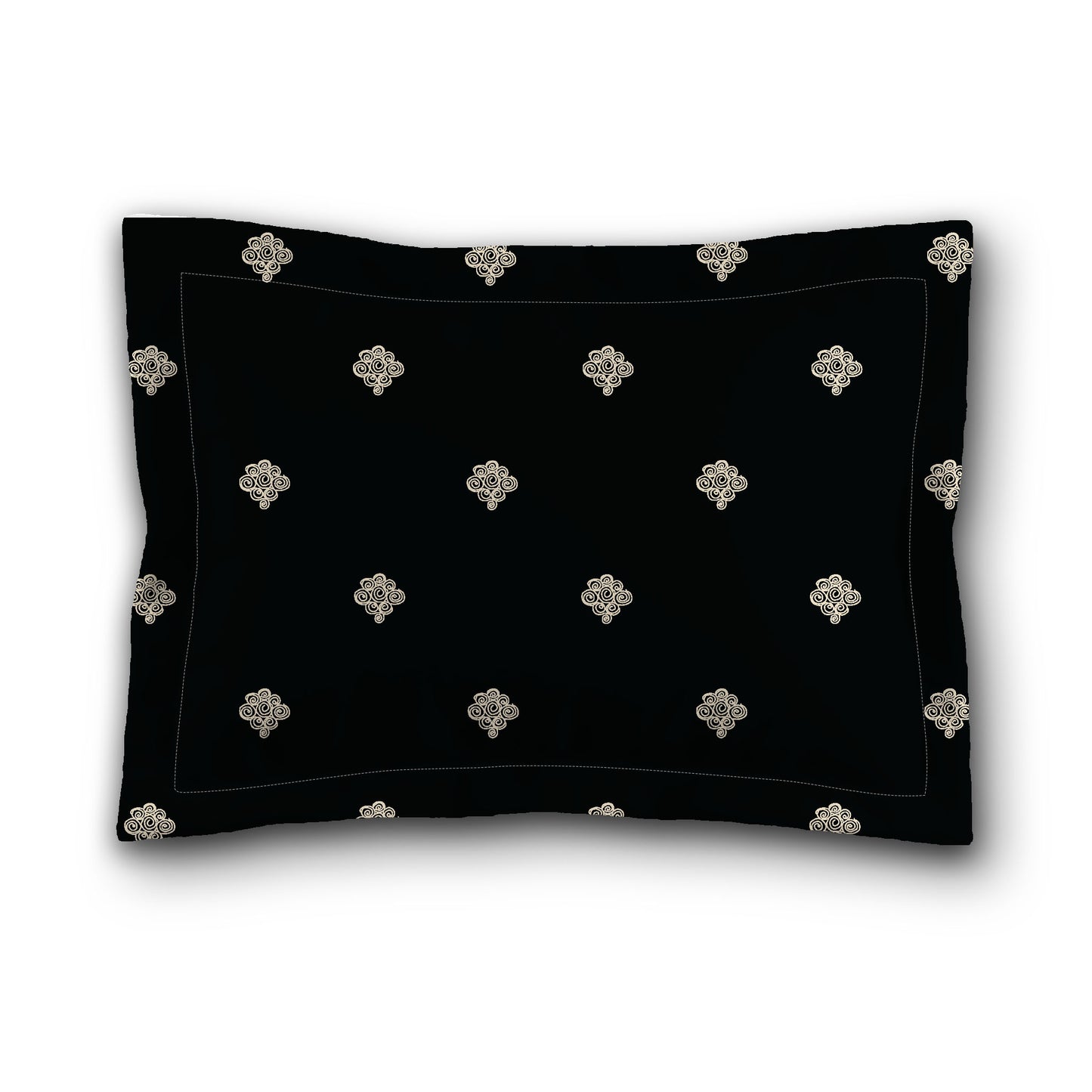 Black Microfiber Pillow Sham with Flange, Beige Hand-painted Swizzle Motif Print, White Reverse Side, King (width x length) 22 x 38 inches / 56 x 97 cm