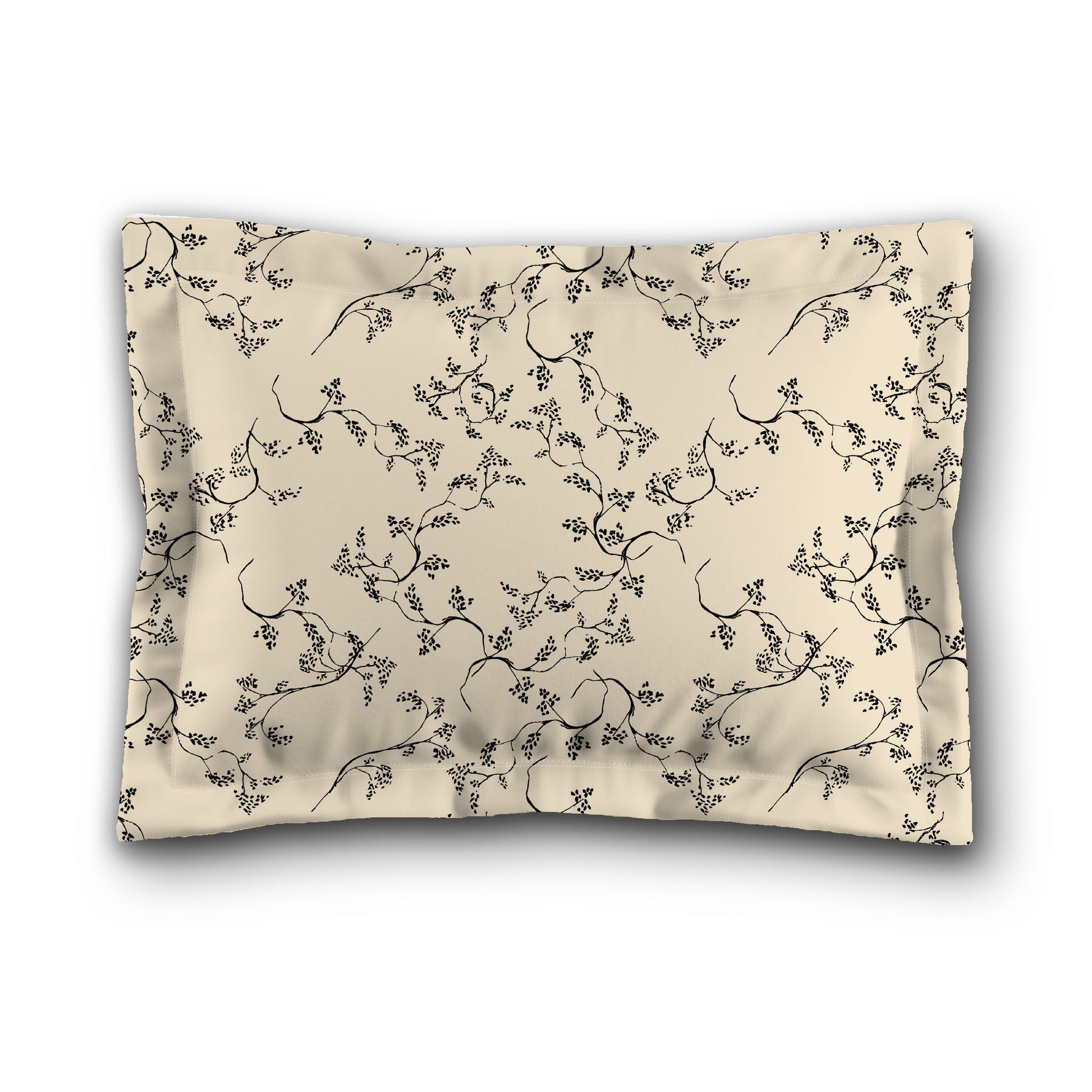 Beige Microfiber Pillow Sham with Flange, Black Hand-painted Vine Print, White Reverse Side, King (width x length) 22 x 38 inches / 56 x 97 cm