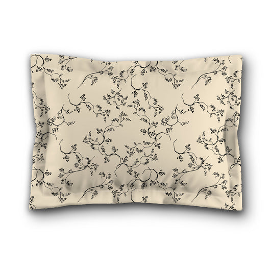 Beige Microfiber Pillow Sham with Flange, Black Hand-painted Vine Print, White Reverse Side, King (width x length) 22 x 38 inches / 56 x 97 cm