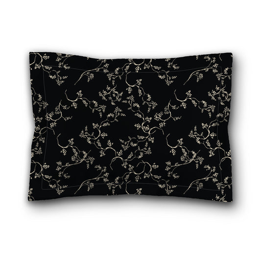 Black Microfiber Pillow Sham with Flange, Beige Hand-painted Vine Print, White Reverse Side, King (width x length) 22 x 38 inches / 56 x 97 cm