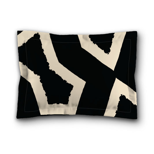 Black Microfiber Pillow Sham with Flange, Bold Beige Graphic on Front, White Reverse Side, King (width x length) 22 x 38 inches / 56 x 97 cm