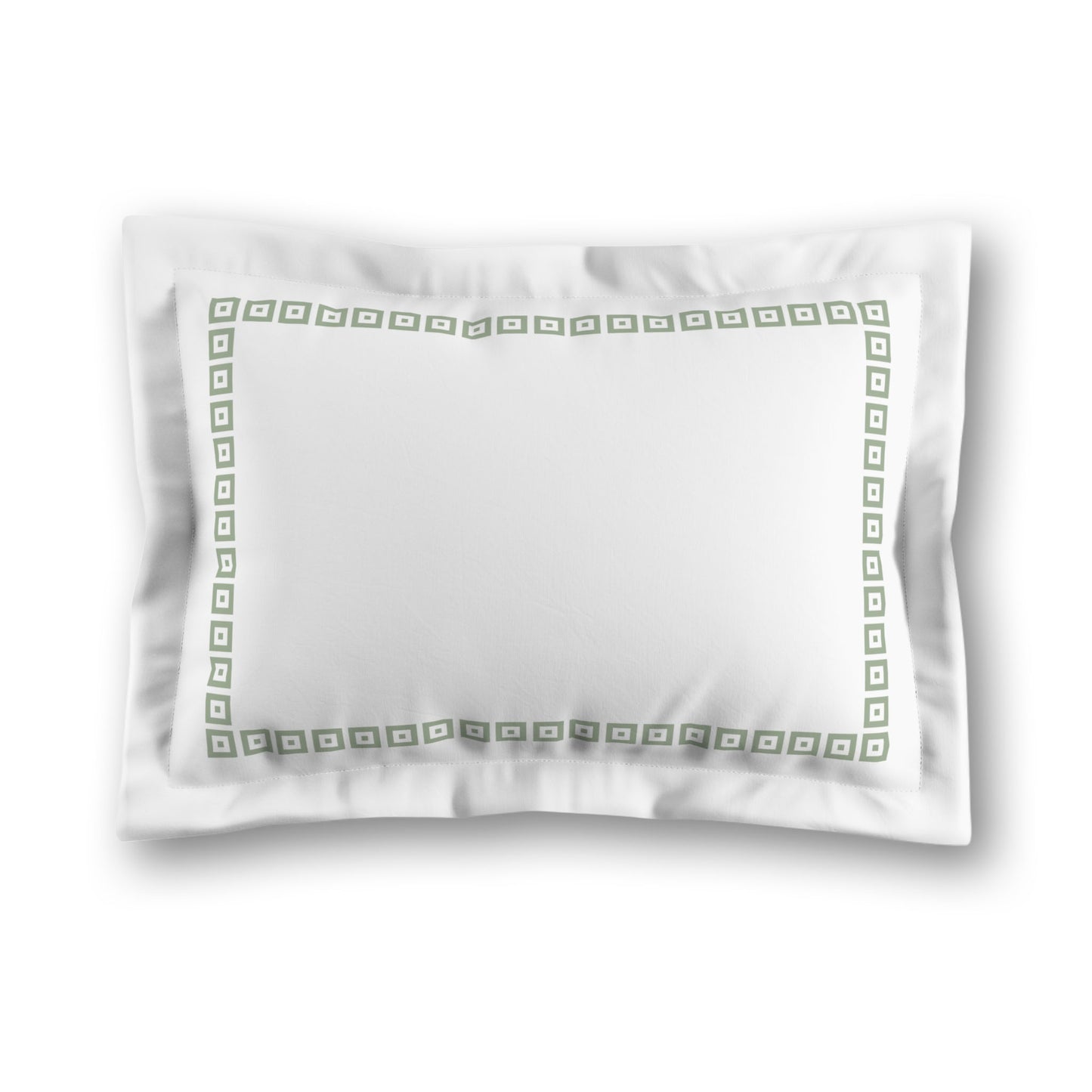 White Microfiber Pillow Sham with Flange, Green Repeating Square Motif Print, Classic Border, White Reverse Side, King (width x length) 22 x 38 inches / 56 x 97 cm