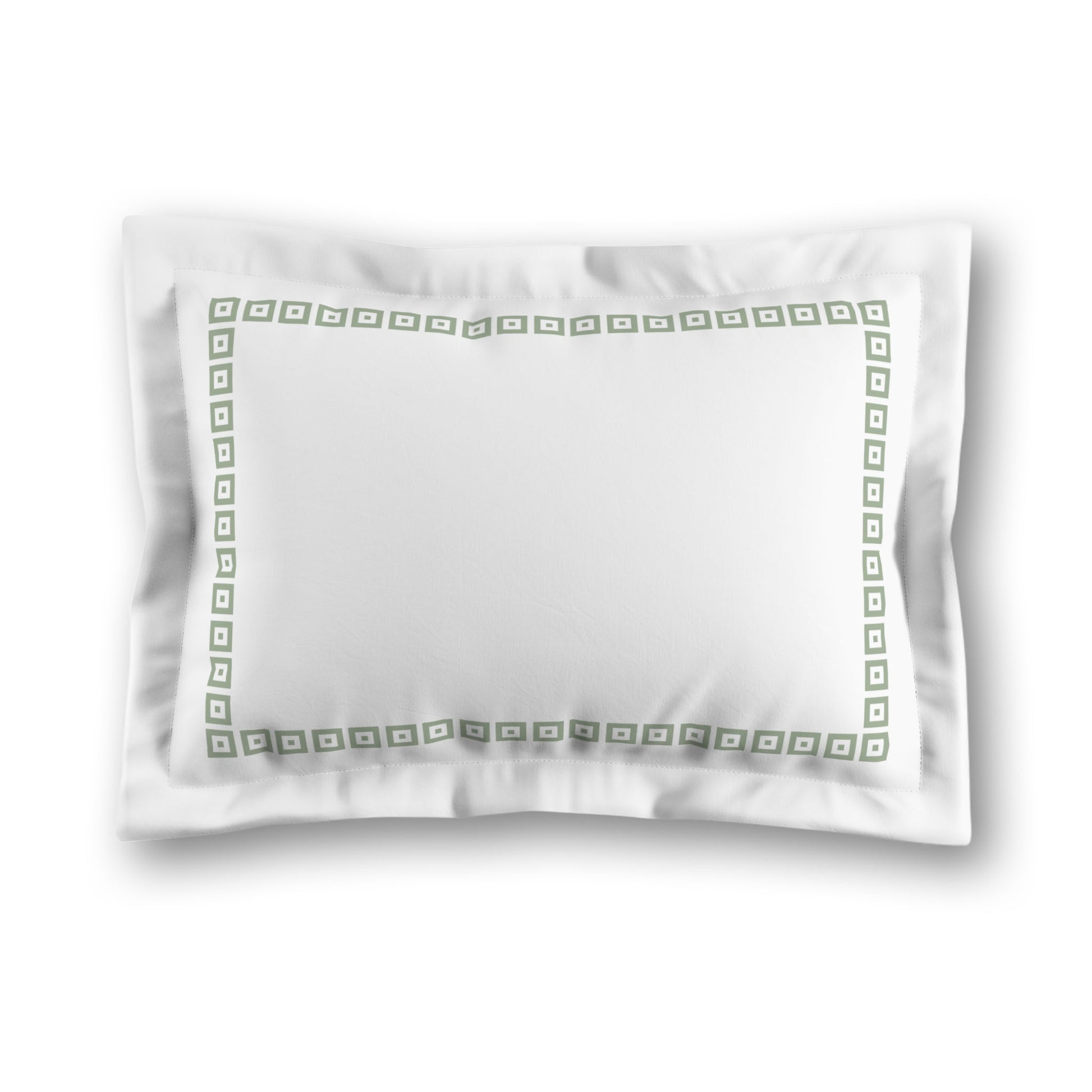 White Microfiber Pillow Sham with Flange, Green Repeating Square Motif Print, Classic Border, White Reverse Side, King (width x length) 22 x 38 inches / 56 x 97 cm