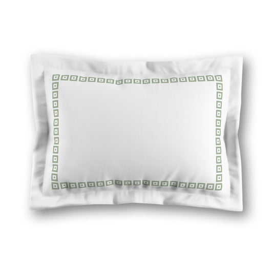White Microfiber Pillow Sham with Flange, Green Repeating Square Motif Print, Classic Border, White Reverse Side, King (width x length) 22 x 38 inches / 56 x 97 cm