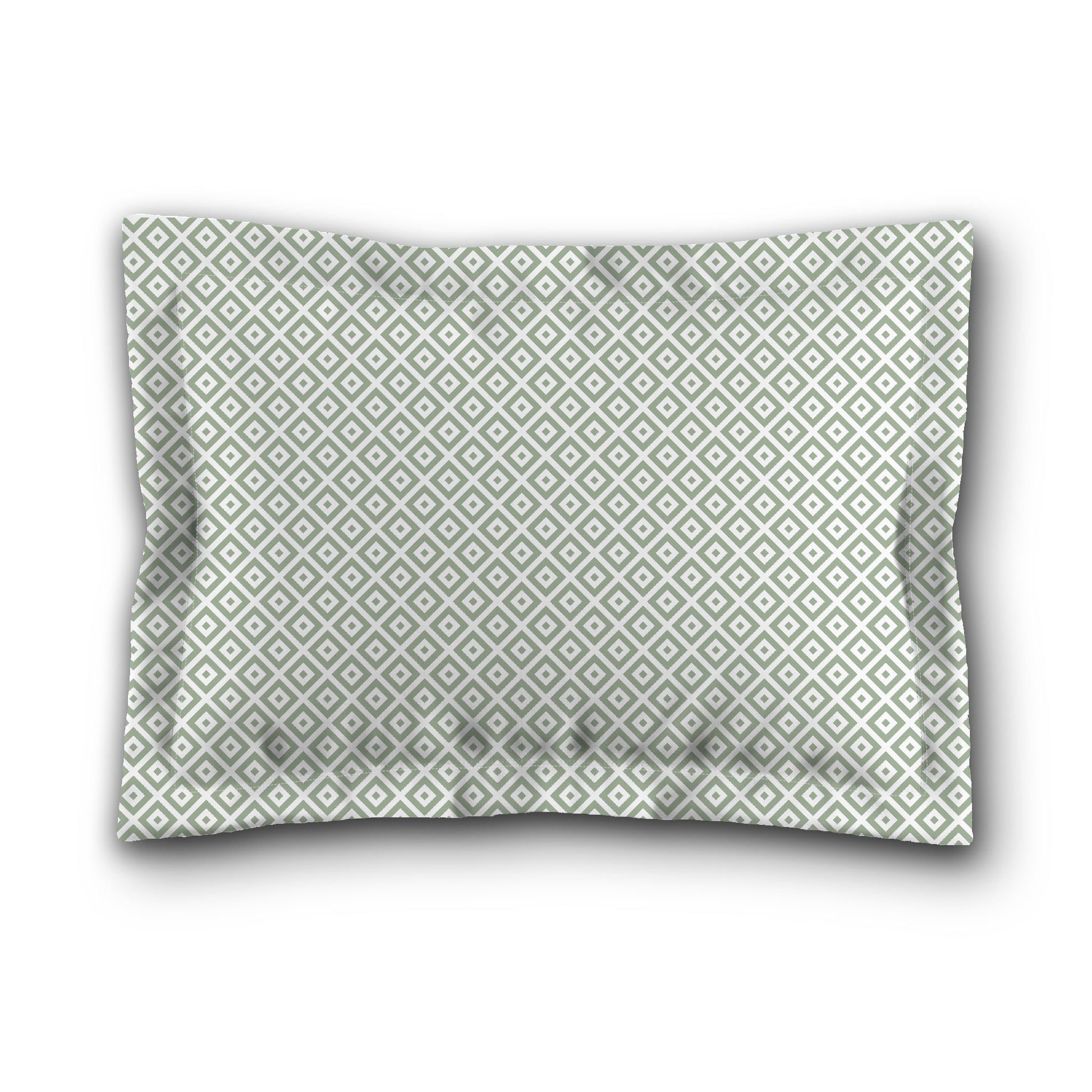 White Microfiber Pillow Sham with Flange, Green Repeating Square Motif Print, White Reverse Side, King (width x length) 22 x 38 inches / 56 x 97 cm