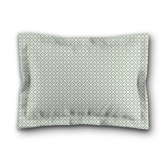 White Microfiber Pillow Sham with Flange, Green Repeating Square Motif Print, White Reverse Side, King (width x length) 22 x 38 inches / 56 x 97 cm