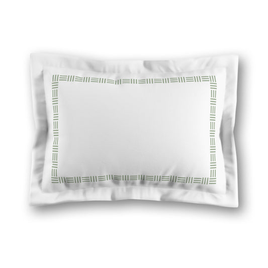 White Microfiber Pillow Sham with Flange, Green Single Weave Motif Print, Classic Border, White Reverse Side, King (width x length) 22 x 38 inches / 56 x 97 cm