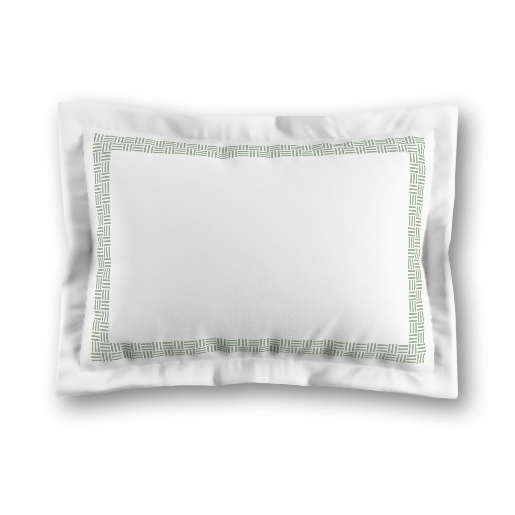 White Microfiber Pillow Sham with Flange, Green Double Weave Motif Print, Classic Border, White Reverse Side, King (width x length) 22 x 38 inches / 56 x 97 cm