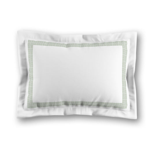 White Microfiber Pillow Sham with Flange, Green Double Weave Motif Print, Classic Border, White Reverse Side, King (width x length) 22 x 38 inches / 56 x 97 cm