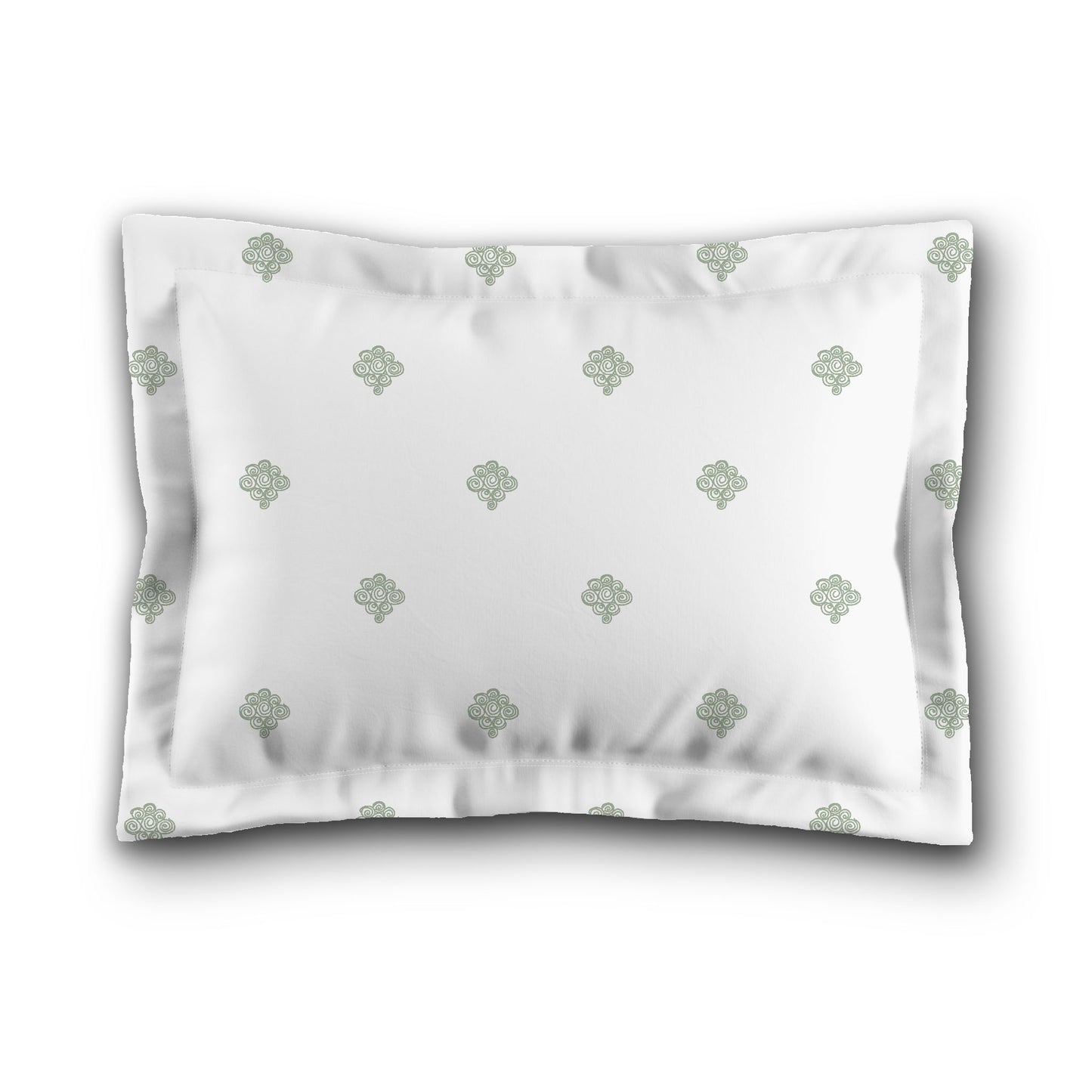 White Microfiber Pillow Sham with Flange, Green Hand-painted Swizzle Motif Print, White Reverse Side, King (width x length) 22 x 38 inches / 56 x 97 cm