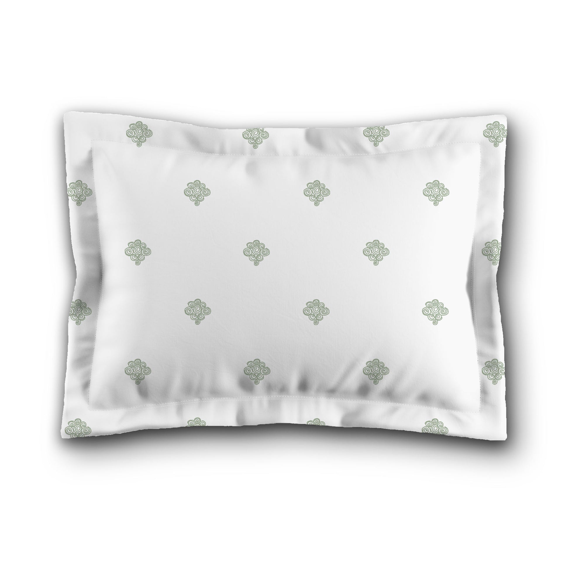 White Microfiber Pillow Sham with Flange, Green Hand-painted Swizzle Motif Print, White Reverse Side, King (width x length) 22 x 38 inches / 56 x 97 cm