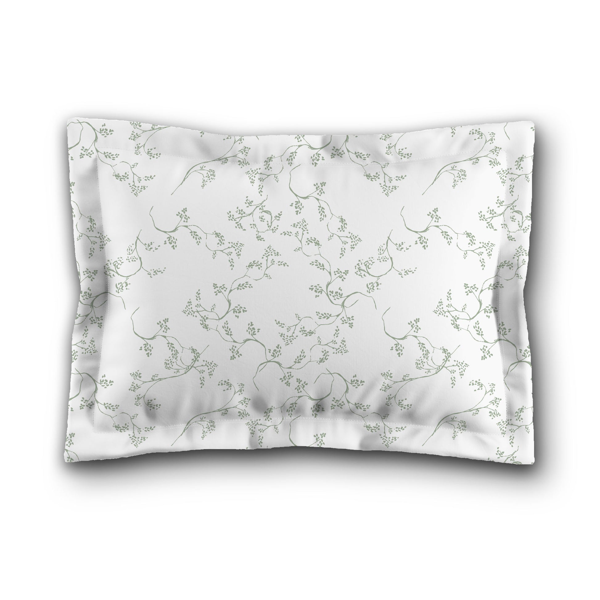 White Microfiber Pillow Sham with Flange, Green Hand-painted Vine Print, White Reverse Side, King (width x length) 22 x 38 inches / 56 x 97 cm