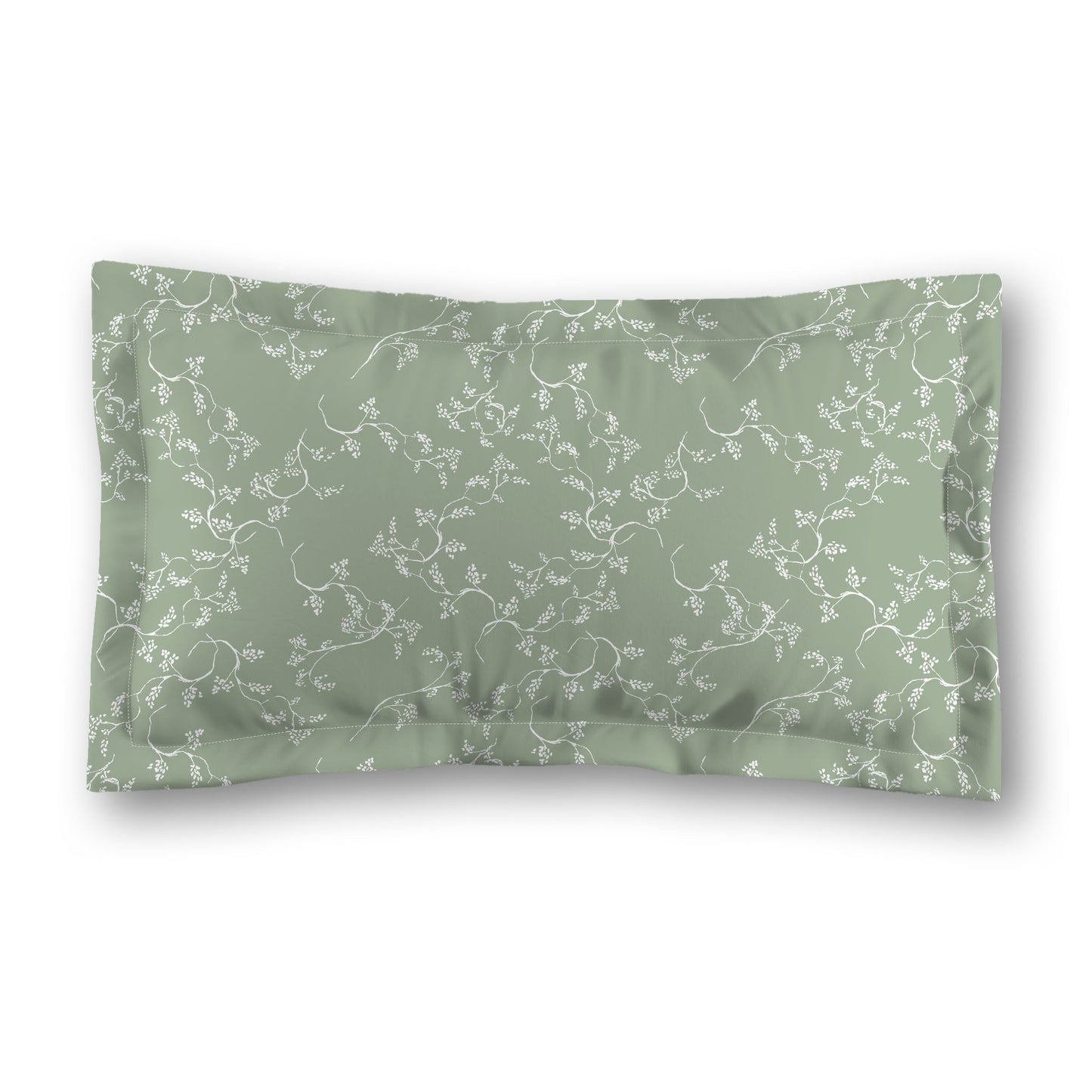 Green Microfiber Pillow Sham with Flange, White Hand-painted Vine Print, White Reverse Side, Standard (width x length) 22 x 30 inches / 56 x 76 cm