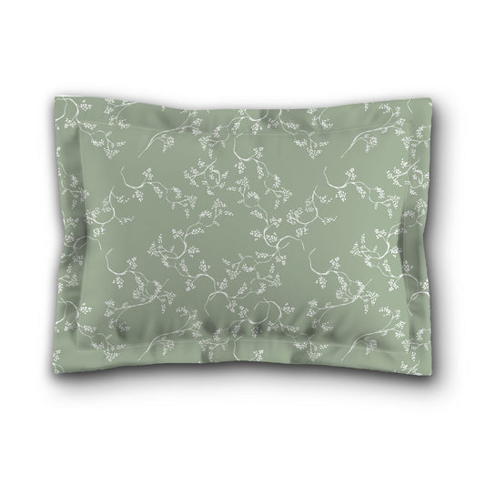 Green Microfiber Pillow Sham with Flange, White Hand-painted Vine Print, White Reverse Side, King (width x length) 22 x 38 inches / 56 x 97 cm