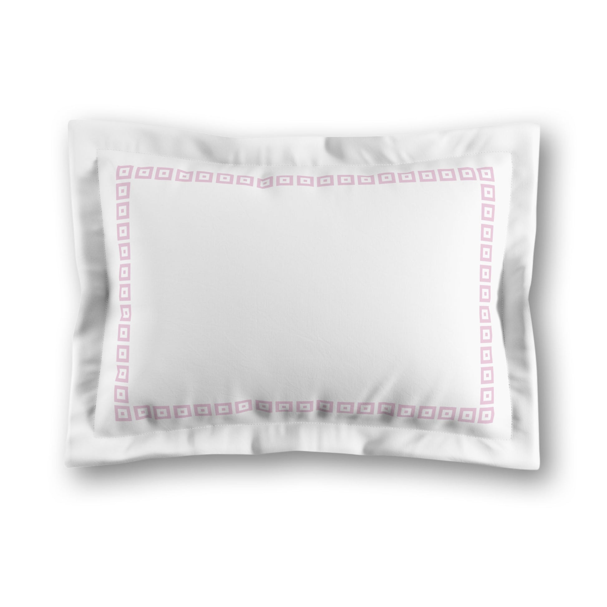 White Microfiber Pillow Sham with Flange, Pink Repeating Square Motif Print, Classic Border, White Reverse Side, King (width x length) 22 x 38 inches / 56 x 97 cm