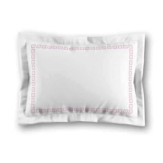 White Microfiber Pillow Sham with Flange, Pink Repeating Square Motif Print, Classic Border, White Reverse Side, King (width x length) 22 x 38 inches / 56 x 97 cm