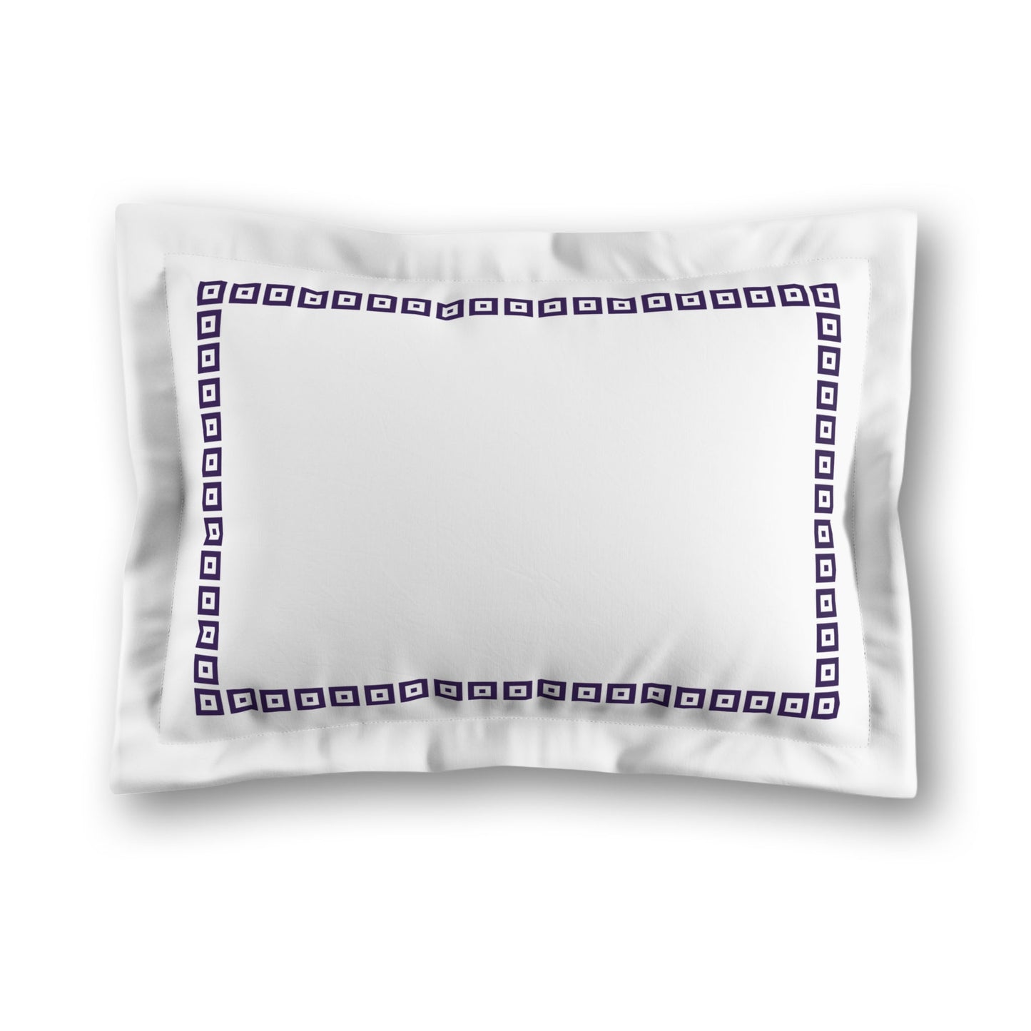 White Microfiber Pillow Sham with Flange, Purple Repeating Square Motif Print, Classic Border, White Reverse Side, King (width x length) 22 x 38 inches / 56 x 97 cm