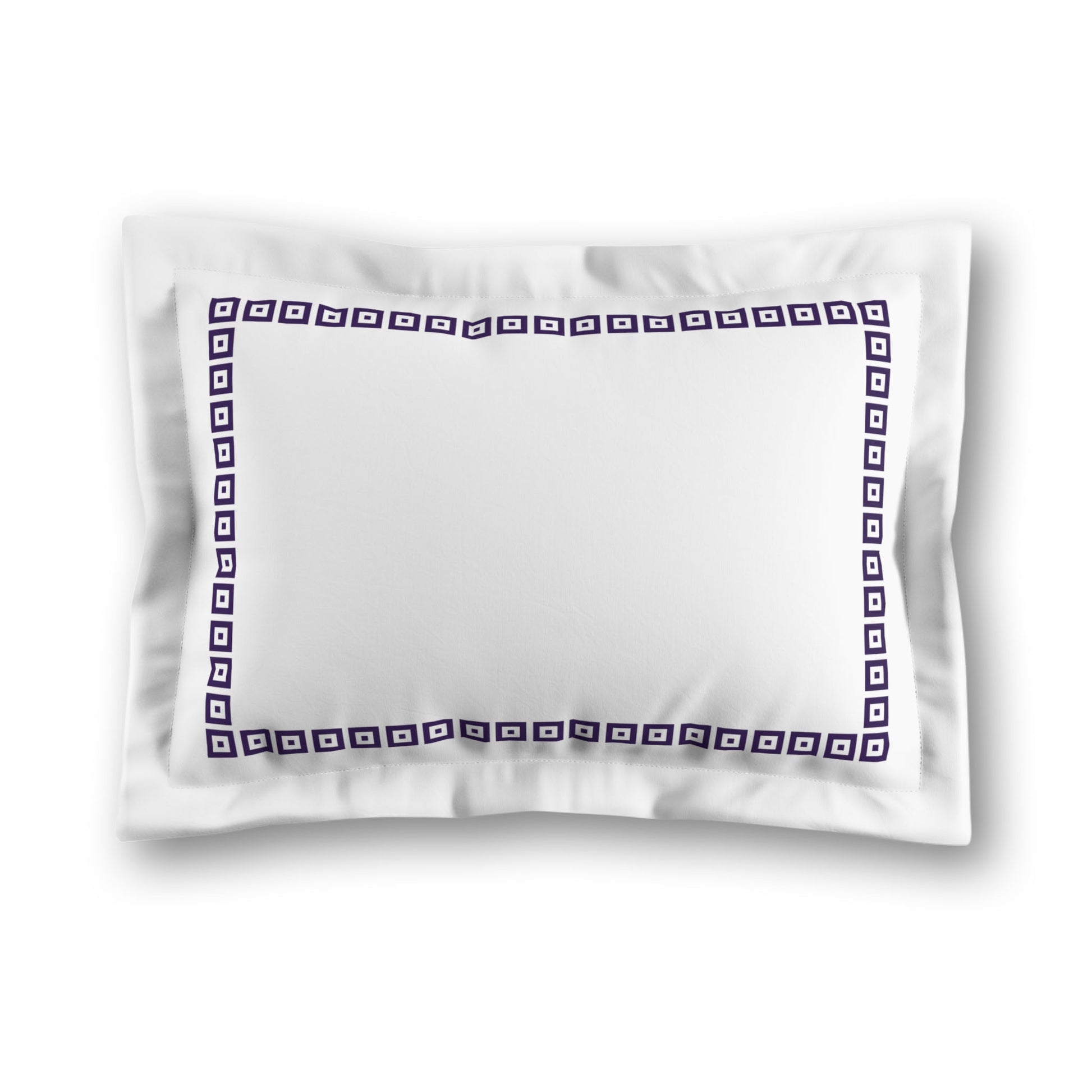 White Microfiber Pillow Sham with Flange, Purple Repeating Square Motif Print, Classic Border, White Reverse Side, King (width x length) 22 x 38 inches / 56 x 97 cm
