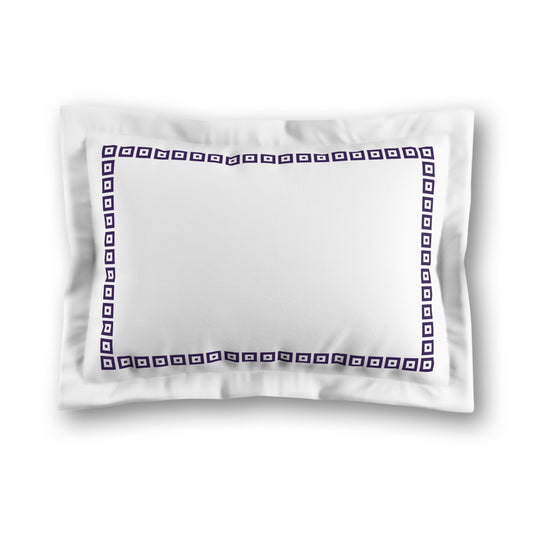 White Microfiber Pillow Sham with Flange, Purple Repeating Square Motif Print, Classic Border, White Reverse Side, King (width x length) 22 x 38 inches / 56 x 97 cm