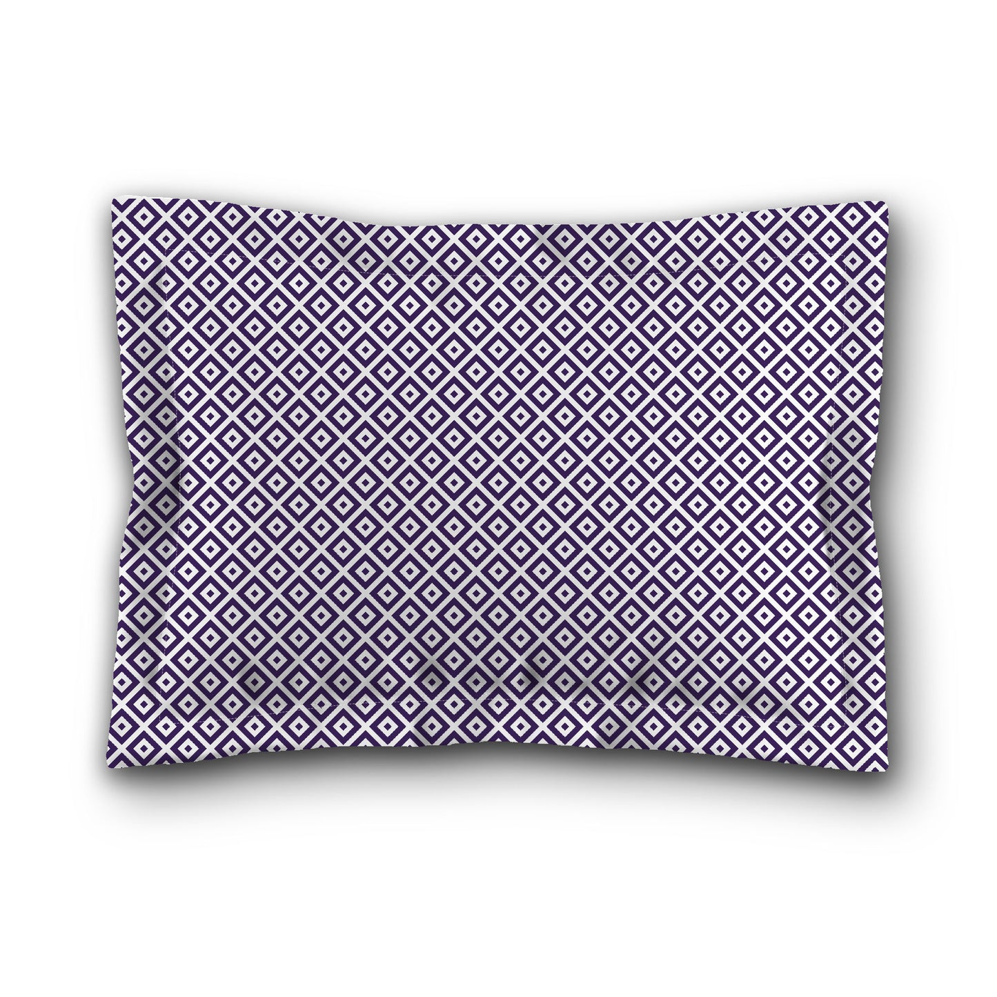 White Microfiber Pillow Sham with Flange, Purple Repeating Square Motif Print, White Reverse Side, King (width x length) 22 x 38 inches / 56 x 97 cm