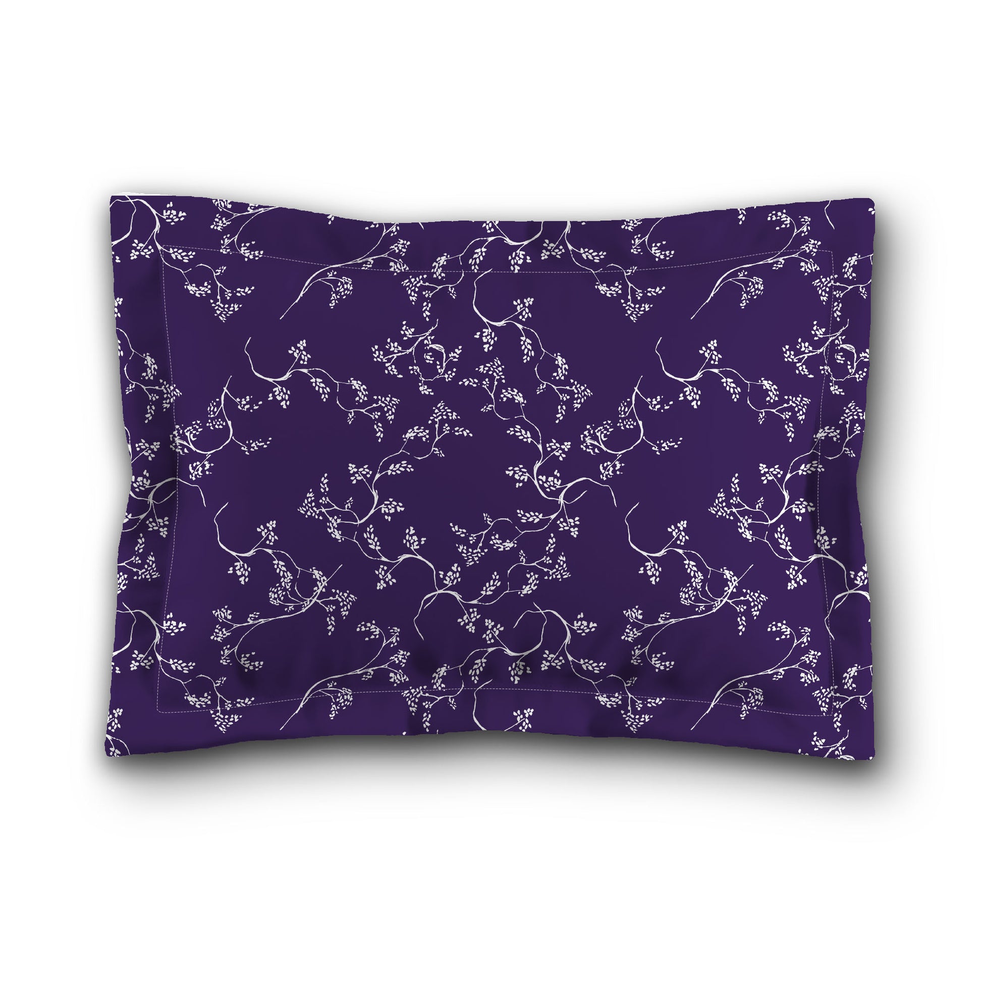 Purple Microfiber Pillow Sham with Flange, White Hand-painted Vine Print, White Reverse Side, King (width x length) 22 x 38 inches / 56 x 97 cm