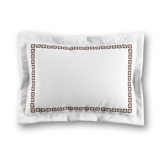 White Microfiber Pillow Sham with Flange, Brown Repeating Square Motif Print, Classic Border, White Reverse Side, King (width x length) 22 x 38 inches / 56 x 97 cm