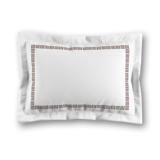 White Microfiber Pillow Sham with Flange, Brown Single Weave Motif Print, Classic Border, White Reverse Side, King (width x length) 22 x 38 inches / 56 x 97 cm