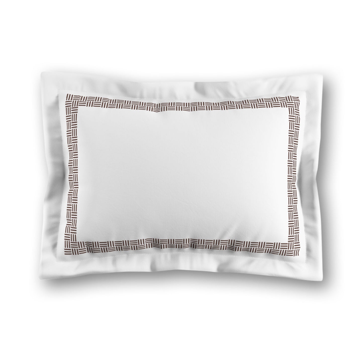 White Microfiber Pillow Sham with Flange, Brown Double Weave Motif Print, Classic Border, White Reverse Side, King (width x length) 22 x 38 inches / 56 x 97 cm