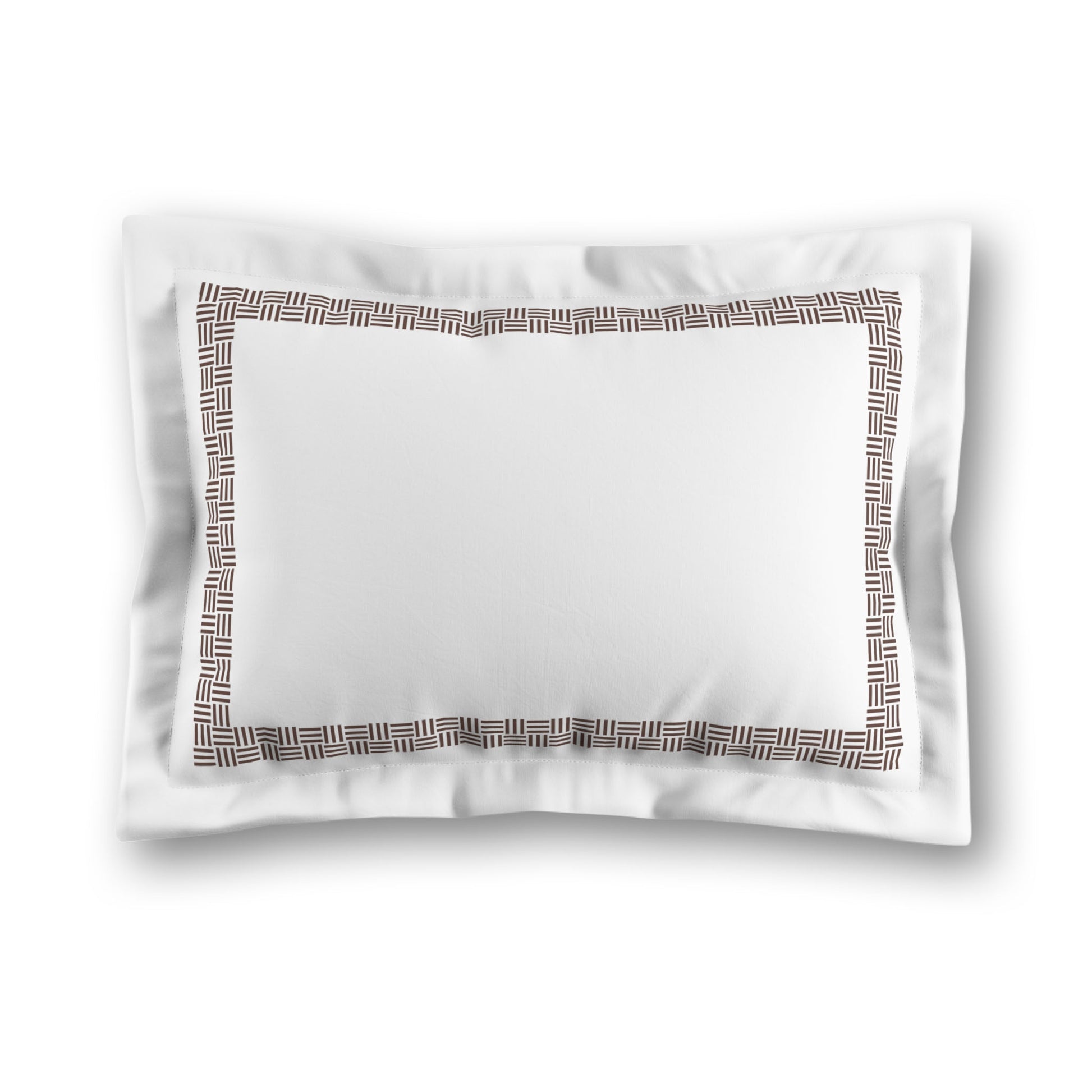 White Microfiber Pillow Sham with Flange, Brown Double Weave Motif Print, Classic Border, White Reverse Side, King (width x length) 22 x 38 inches / 56 x 97 cm