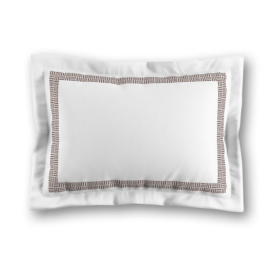 White Microfiber Pillow Sham with Flange, Brown Double Weave Motif Print, Classic Border, White Reverse Side, King (width x length) 22 x 38 inches / 56 x 97 cm