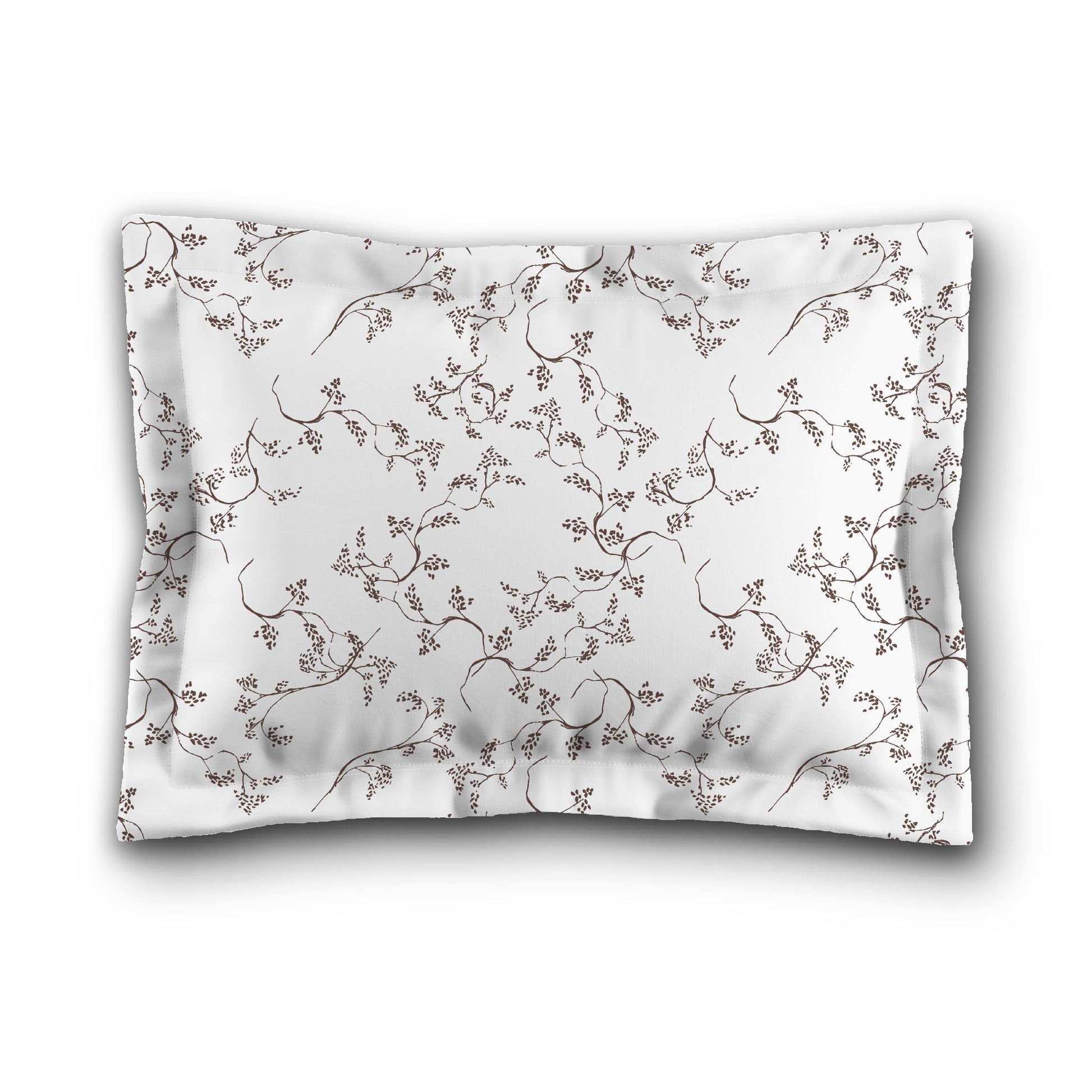 White Microfiber Pillow Sham with Flange, Brown Hand-painted Vine Print, White Reverse Side, King (width x length) 22 x 38 inches / 56 x 97 cm