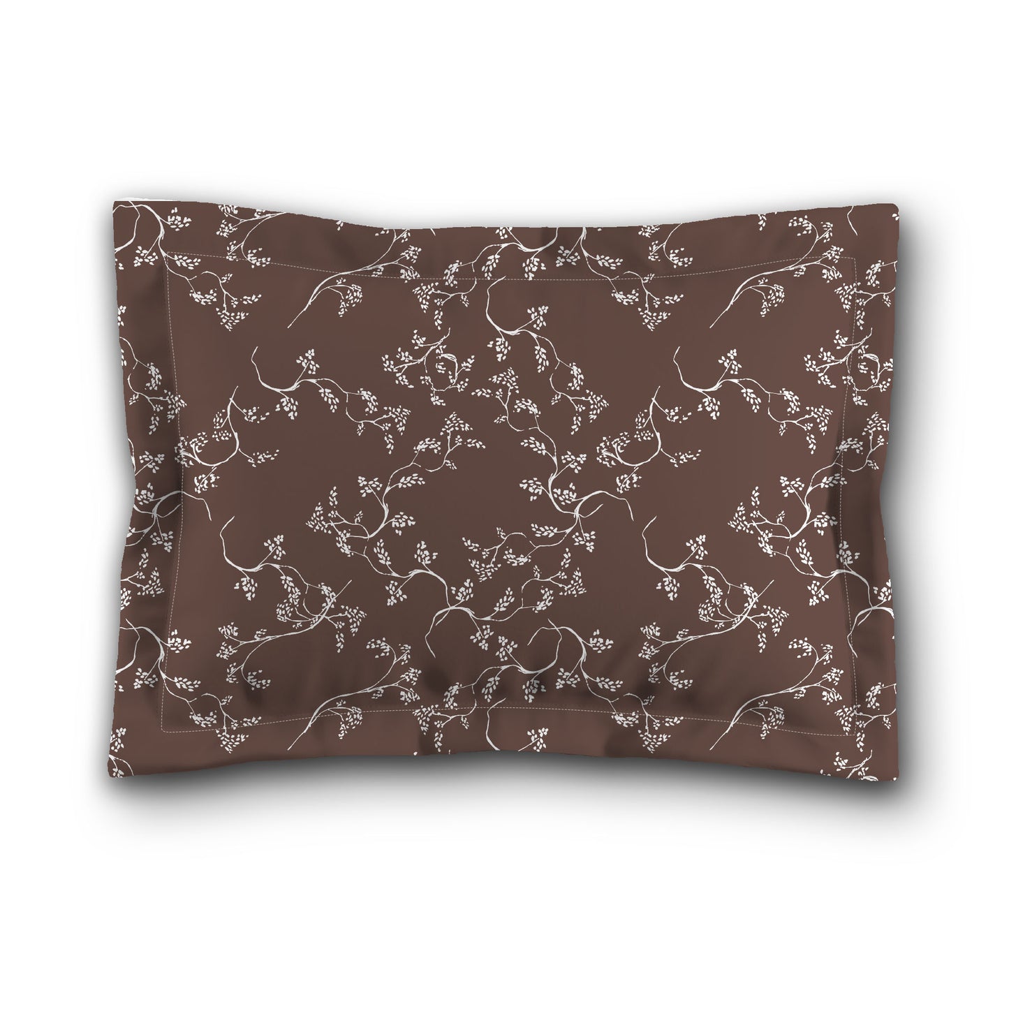 Brown Microfiber Pillow Sham with Flange, White Hand-painted Vine Print, White Reverse Side, King (width x length) 22 x 38 inches / 56 x 97 cm