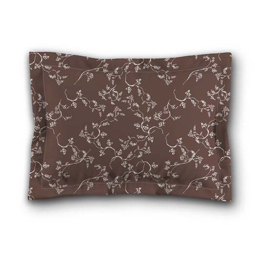 Brown Microfiber Pillow Sham with Flange, White Hand-painted Vine Print, White Reverse Side, King (width x length) 22 x 38 inches / 56 x 97 cm